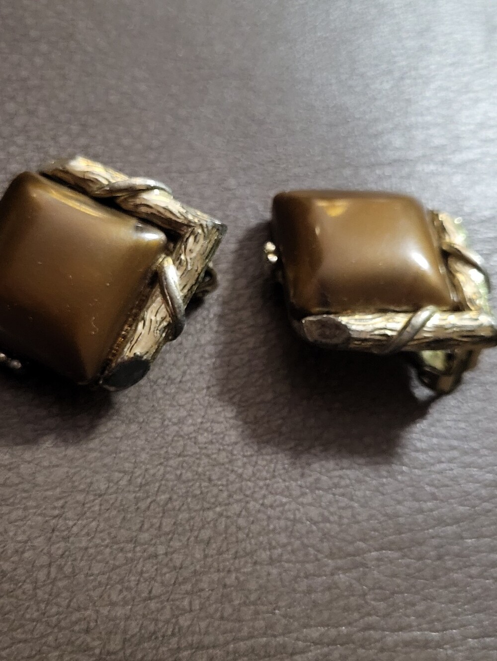 Polished Brown Square Stones Clip On Earrings with Textured Silver-Tone Frame